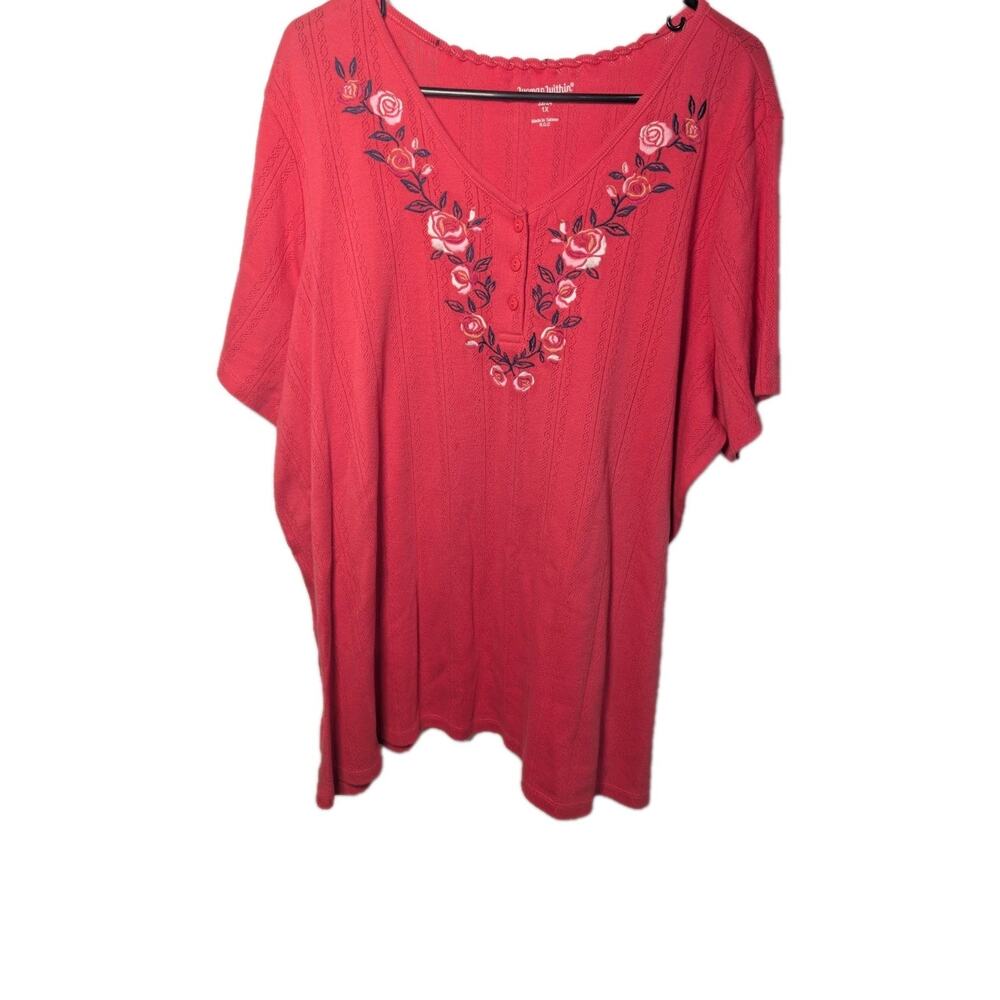 Woman Within Shirt Top Blouse Embroidered Floral V-Neck Knit Plus Size 1X 22 24